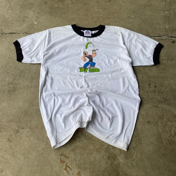 VINTAGE TASTY GREENS POPEYES SHIRT RINGER WHITE TEE SHIRT LRG - Picture 2 of 6